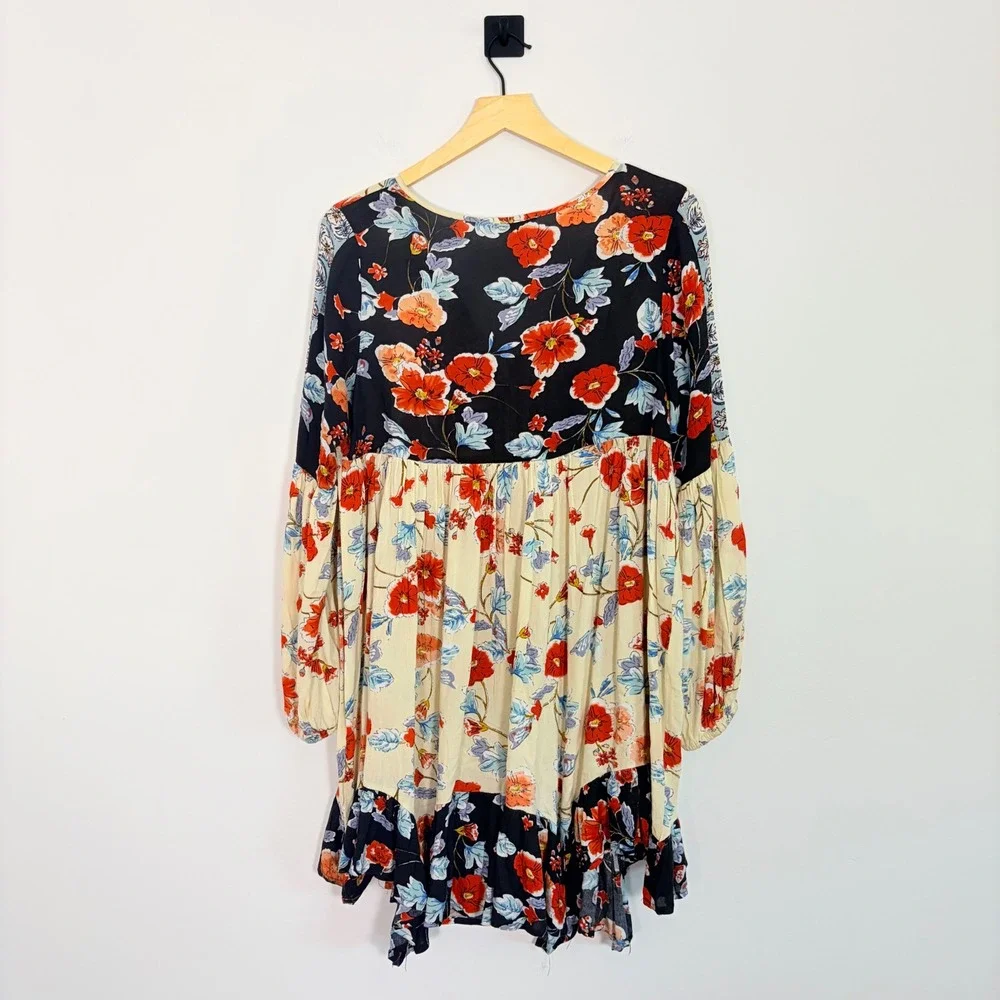 Patrons of Peace Floral Boho Mini Dress Small V-Neck Long Sleeve‎ Ruffle Hippie
